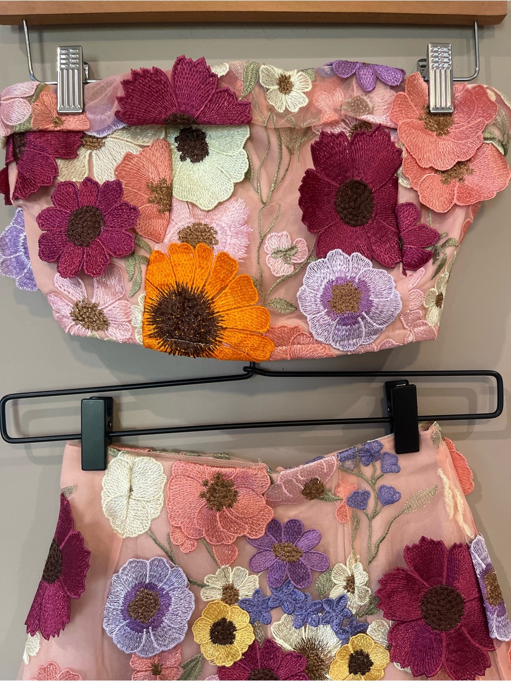 Altar'd State Pink Floral Appliqué Mini Skirt and Matching Strapless Top - Picture 2 of 8